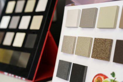 Display with decorative artificial stone samples for interior