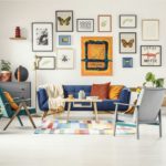 Simple posters gallery hanging on the wall in bright living room